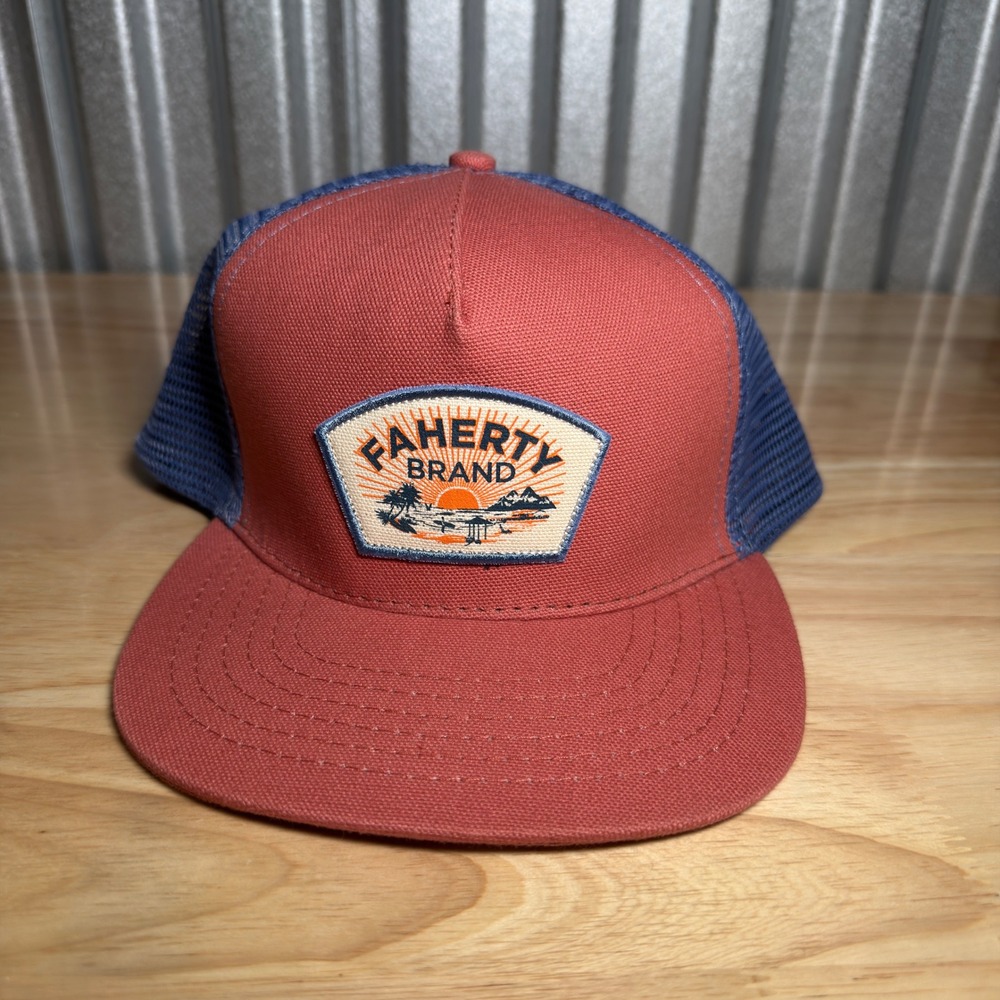 Faherty Trucker Hat Mens OSFA Red Blue Mesh Snapback Patch Logo Outdoors‎ Surf